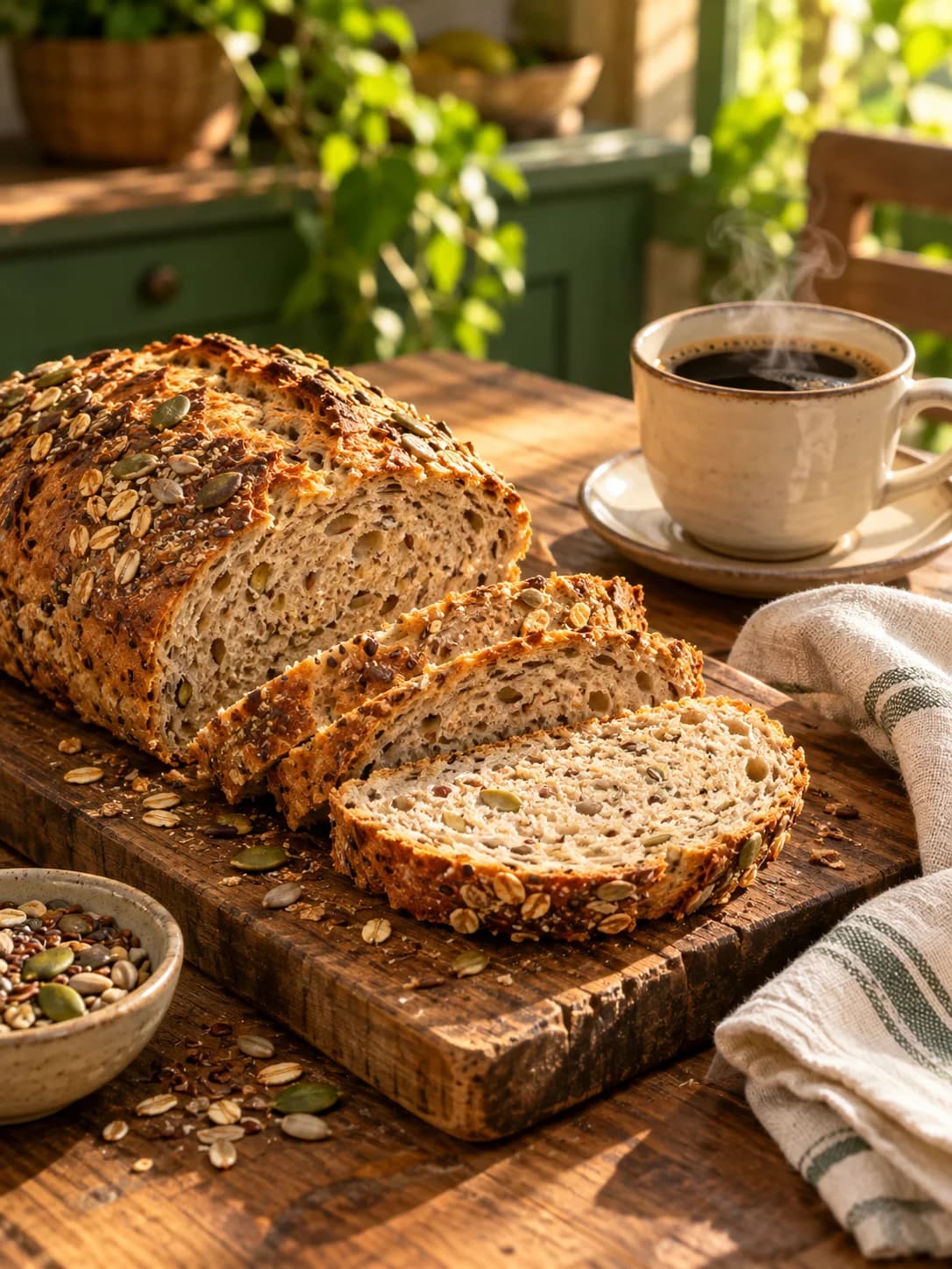 Imagem ilustrativa de pão com sementes e café em uma mesa de madeira sob a luz da manhã