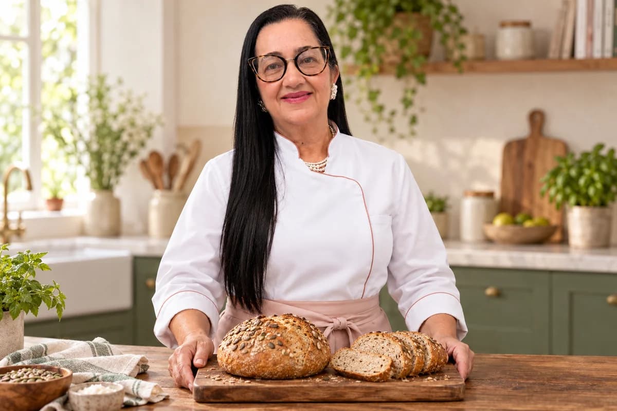 Personagem visual da MauritaCakes apresentando pães em uma cozinha acolhedora